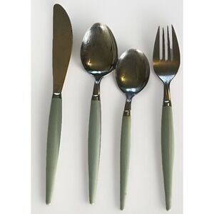 Vintage Castle Stainless Flatware Green Bakelite Plastic Handles MCM Lot 4